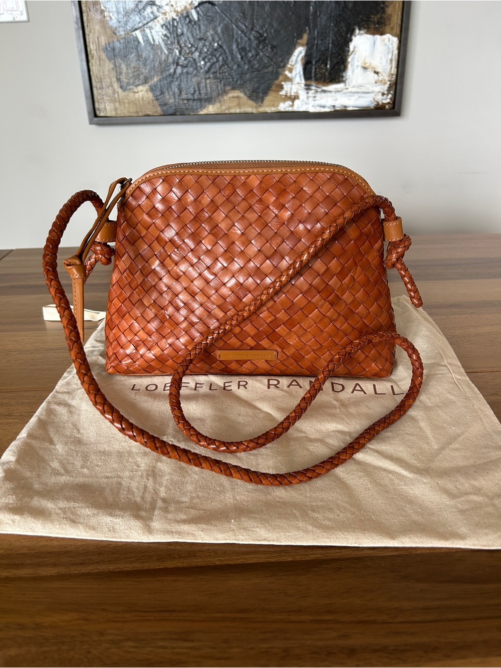 Loeffler Randall “Mallory” Woven Leather Crossbody Bag - Timber Brown Color